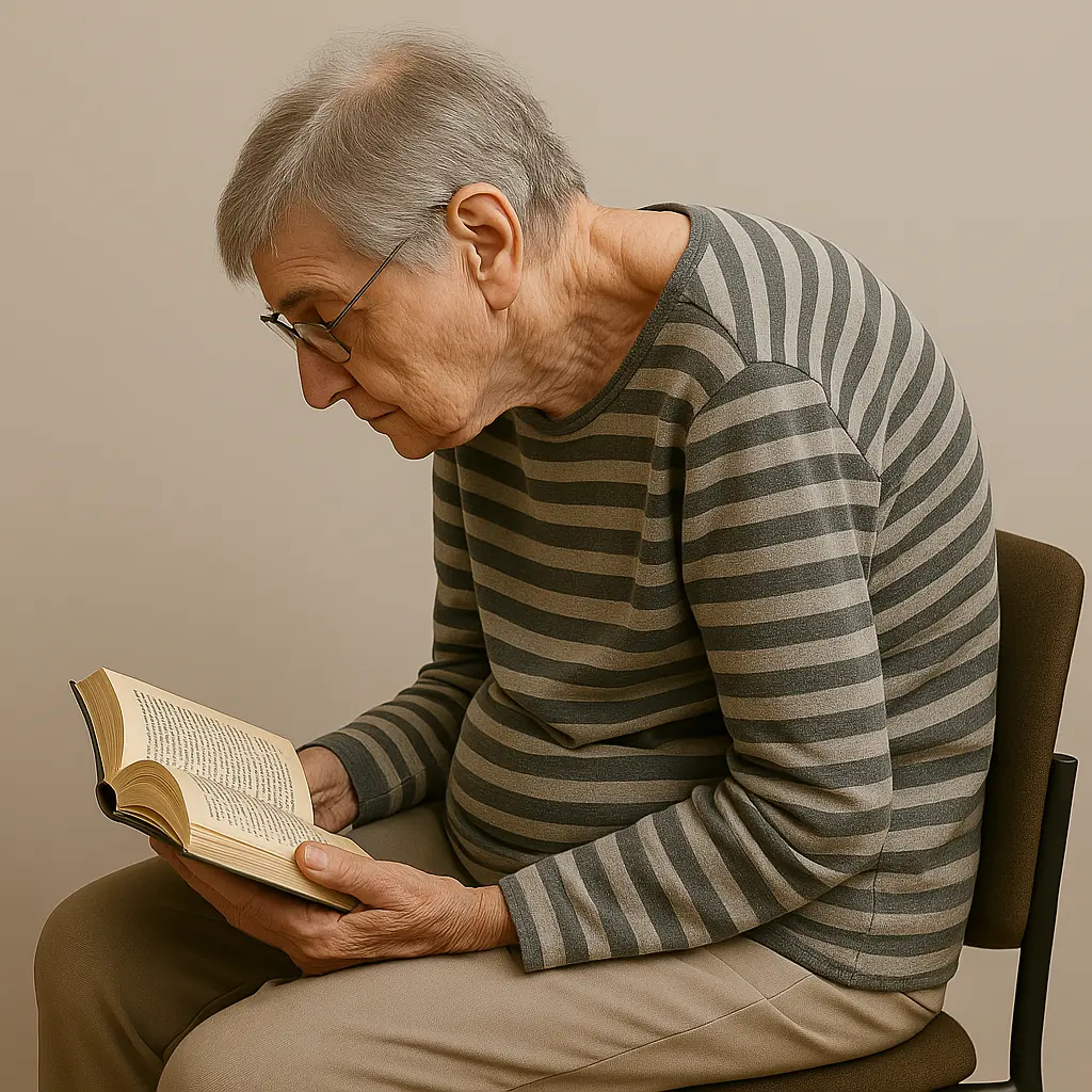 Elderly person with forward curved posture reading