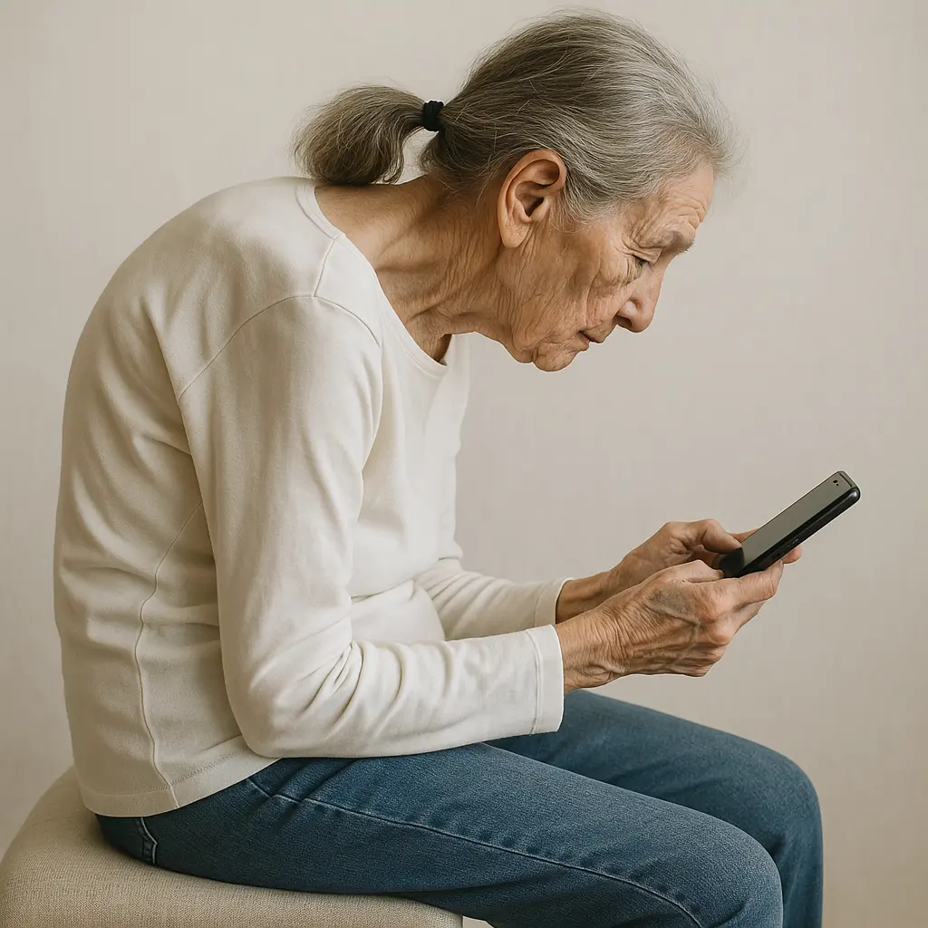 Young person with hunched posture looking at phone